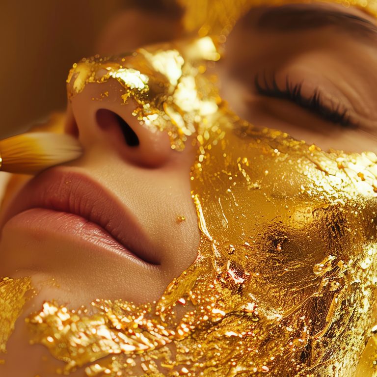 A woman gets a gold facial treatment at a spa.