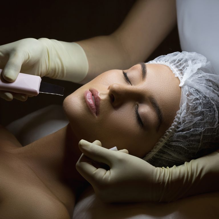 Beautiful woman in professional beauty spa salon during ultrasonic facial cleansing procedure